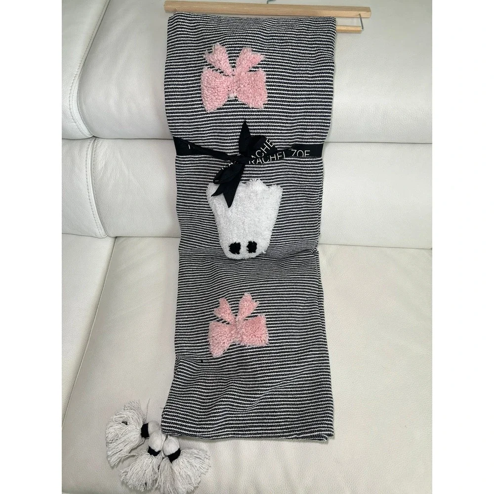 Rachel Zoe Ghost Bow Throw Blanket 50x70 Black White Pink Striped Tassel NEW
